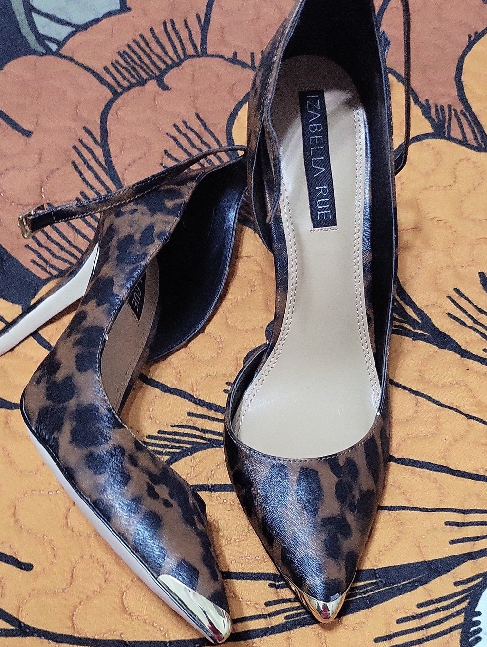 Izabella Rue Leopard Print Pointed Toe Pumps with Gold Cap
